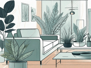 Various houseplants placed around a modern living room